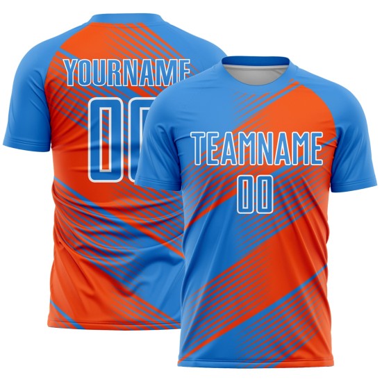 Benutzerdefinierte Pulver Orange-Weiß Uniform Blau Sublimation Jersey Fußball Linie