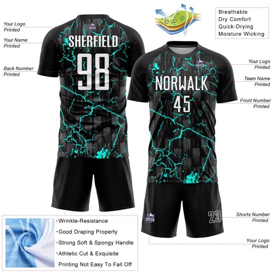Trikotuniform Weiß-Aqua Benutzerdefinierte Fußballsublimation Schwarzer Blitz