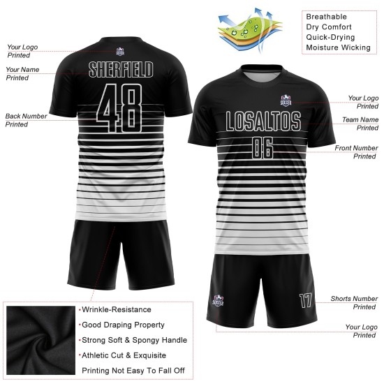 Verblassen Weiß Nadelstreifen Benutzerdefinierte Schwarz Uniform Sublimation Fußball Jersey Mode