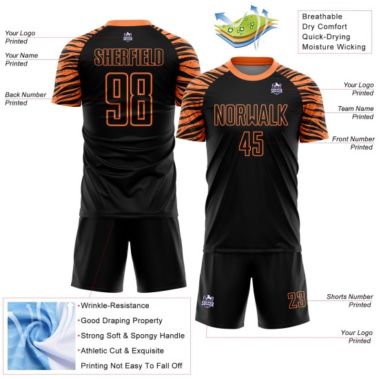 Benutzerdefinierte Sublimation Streifen Schwarz Jersey Fußball Orange Uniform Tiger