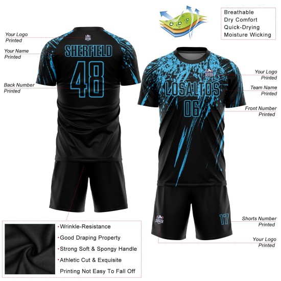 Jersey Blau Uniform Custom Schwarz Fußball Sublimation Himmel
